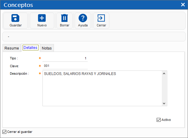 FreePAQ Nóminas - Datos generales del catálogo de conceptos
