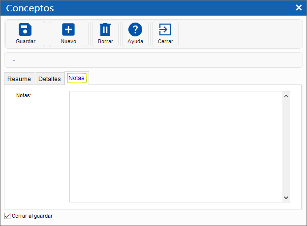 FreePAQ Nóminas - Datos generales del catálogo de conceptos
