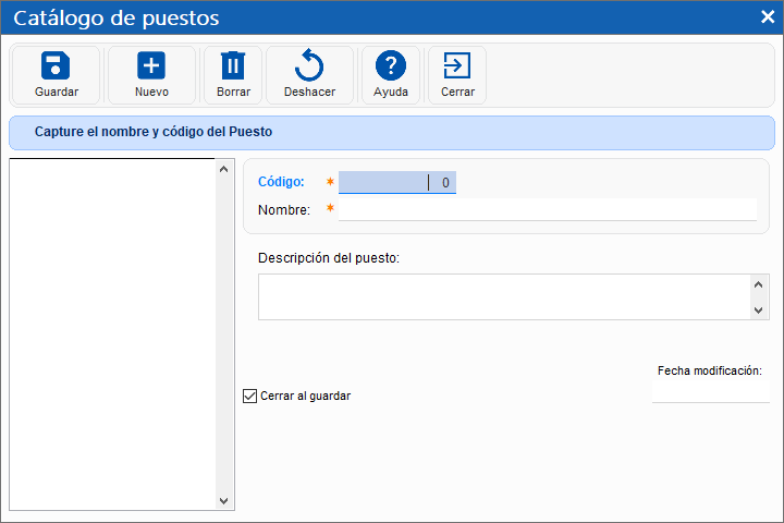 FreePAQ Nóminas - Datos generales del catálogo de puestos